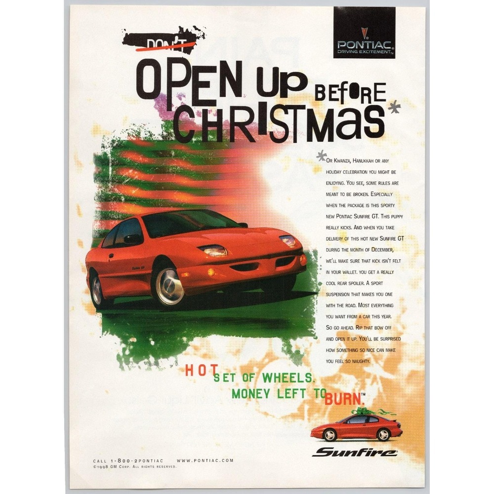 Pontiac Sunfire GT Open‎ Up Before Christmas Vintage Car Print Ad 1998